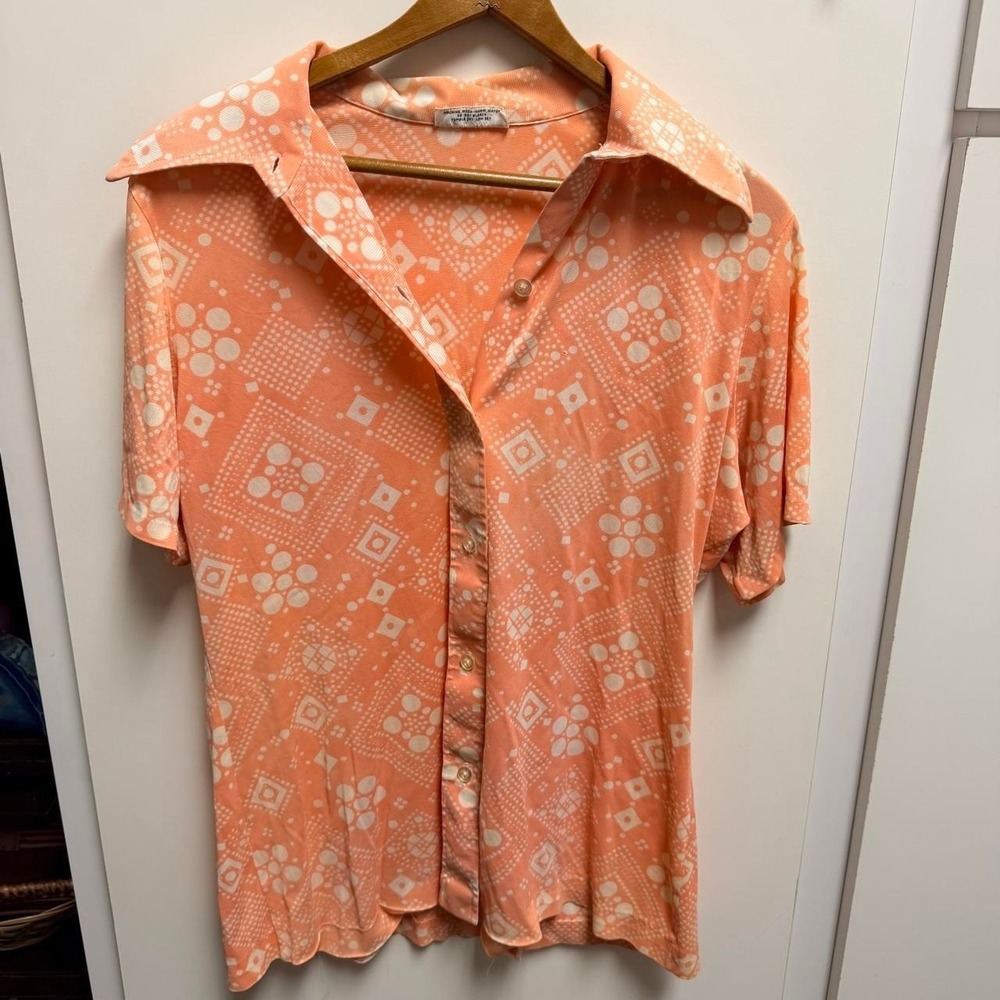 Vintage Alfred Dunner peach/orange button-up blouse geometric mod print sz 16